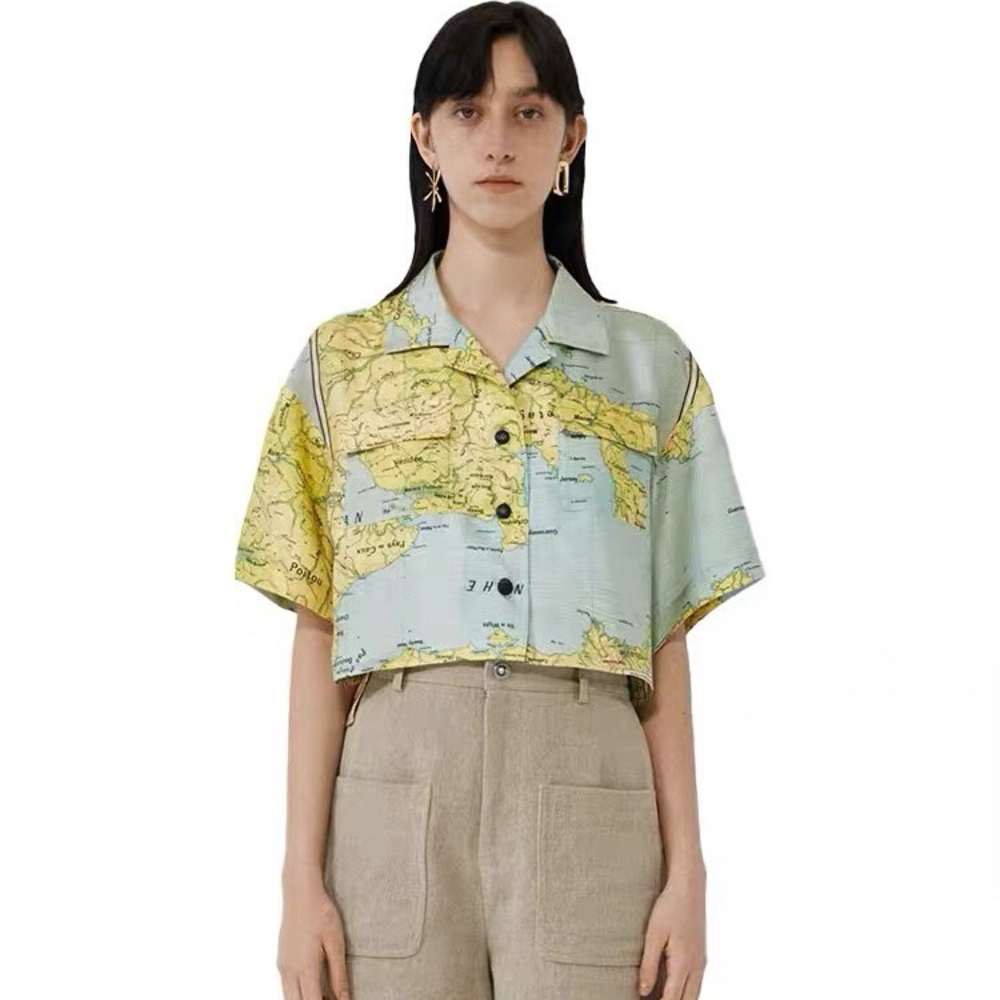 Map Print Silk Cropped Shirt